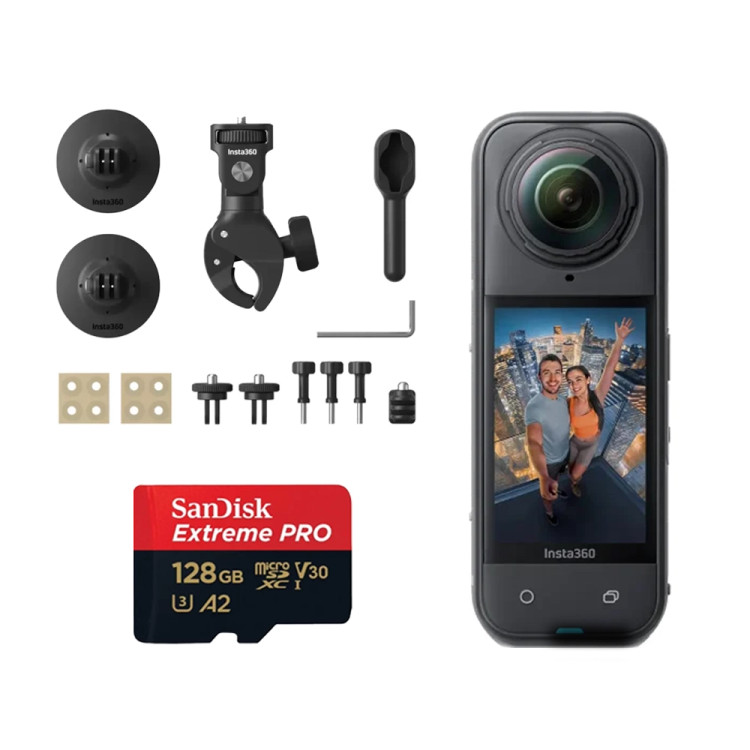 کیت موتورسواری دوربین اینستا 360 مدل Insta360 X5Insta360 X5 360 Degree Action Camera with 8K + insta360 motorcycle accessories bundle + sandisk microSD 128/200 kit