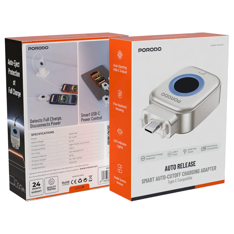 آداپتور Porodo Auto Release Smart Auto-Cutoft Charging Adapter