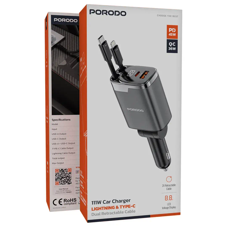شارژر فندکی پورودو Porodo 111W Car Charger Lightning USB_C