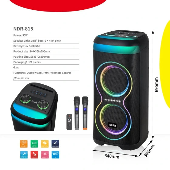 اسپیکر شارژی NDR-815 دبل ۸ اینچ | خرید + ارسال سریع | مناسب باشگاه، مهمانی و خانه
